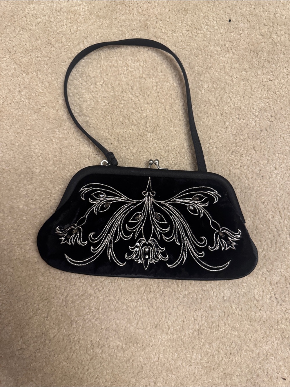 Vintage Lulu Guinness Black Velvet Clutch with Silver Embroidery